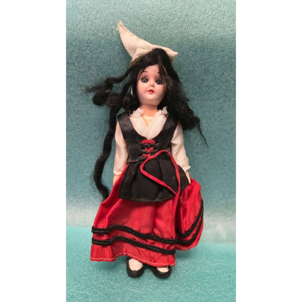 Vintage Miniature Porcelain Folk Doll Traditional Red Black European Dress 6.5"